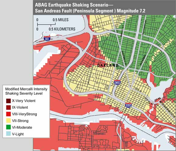 map of Oakland showing zones of likely shaking with reds being violent and blues being light