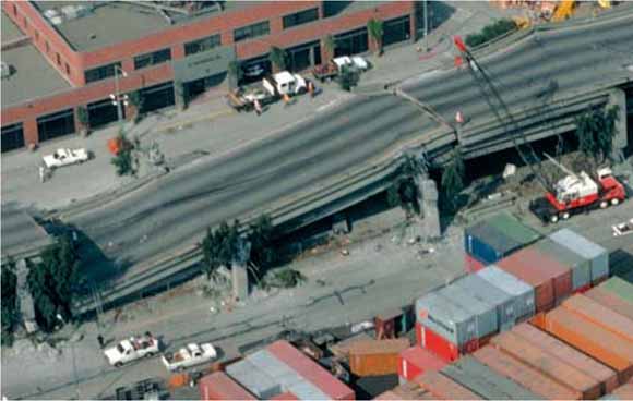photo taken from the air of collapsed freeway