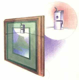 drawing of a picture hanging on a wall.  It shows a very clever hook behind it where the wire goes down, then forward, then down again in a slot.  It would be difficult for an earthquake to get the wire back out of this crooked slot