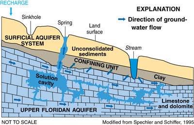 diagram of a cross-section view of ground-water and surface-water interaction