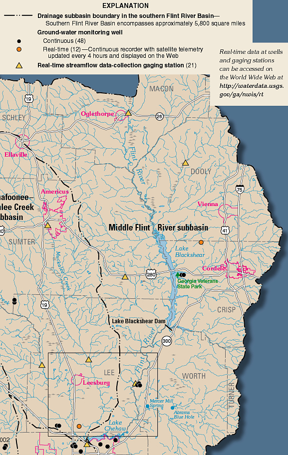 Map of the northeast quadrant of the southern Flint River basin