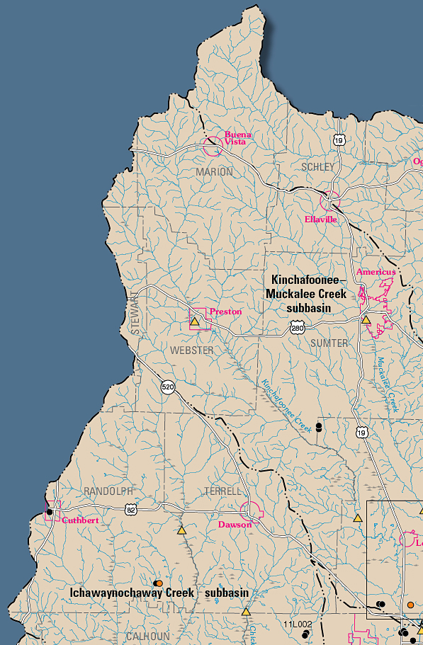 Map of the northwest quadrant of the southern Flint River basin