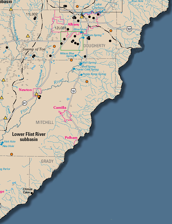 Map of southeast quadrant of southern Flint River basin