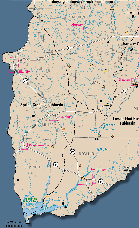 Map of southwest quadrant of southern Flint River basin