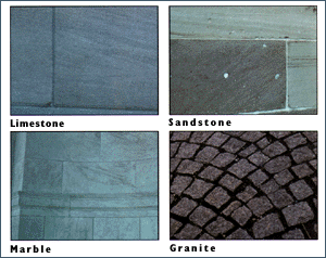 Limestone, sandstone, marble, granite
