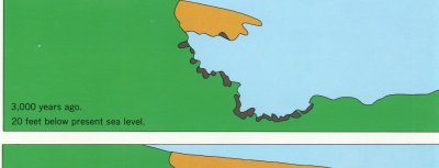 Figure 25. Stages in the development of Sandy Neck spit and the Great Marshes west of Barnstable --this image shows 3,000 years ago, 20 feet below present sea level.