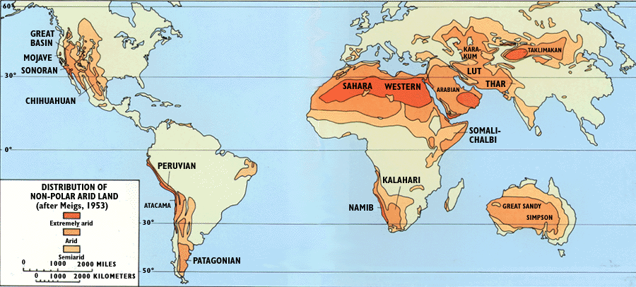Map showing world distribution of deserts