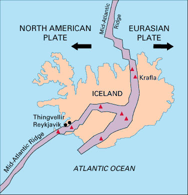 The Mid-Atlantic Ridge splitting Iceland and separating the North American and Eurasian Plates