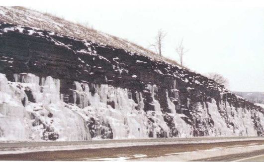 Photo showing Ground water, emerging from bedding planes, has created spectacular frozen waterfalls along a road cut.