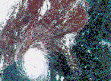 A aerial showing the weather cloud formations of Hurricane Andrew.
