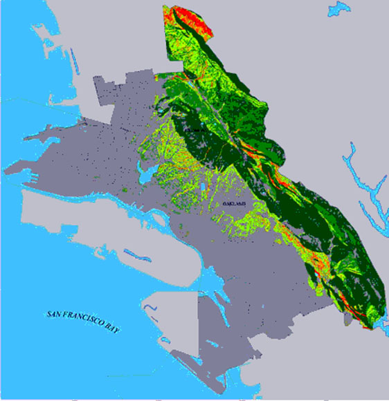 Page size image of seismic landslide hazard map for the cities of Oakland and Piedmont, California.