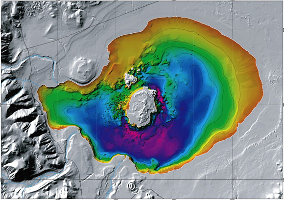 Image of a bathymetric map of Mono Lake, California.