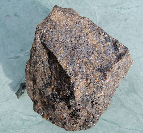 Photograph of a block of massive copper, zinc, and lead ore from western Oregon.  Photograph by B.W. Rogers. 