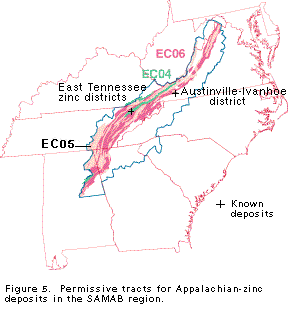 Three tracts (EC04, EC05, and EC06) that are considered permissive for the occurrence of undiscovered Appalachian zinc deposits are partly or mostly within the SAMAB area