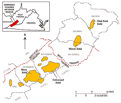 Map of part of southwestern Virginia showing coalbed methane fields in the central Appalachian basin