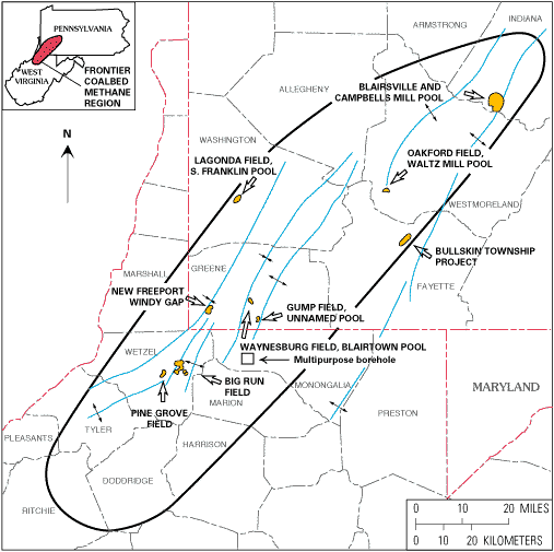 Map of northern West Virginia and southwestern Pennsylvania showing coalbed methane fields and pools in the northern Appalachian basin