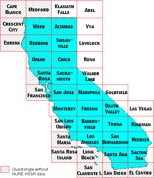 Image Map for selecting quadrangles in California. Equivalent text links provided below.