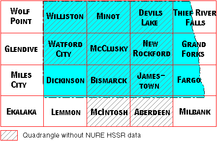 Image Map for selecting quadrangles in North Dakota. Equivalent text links provided below.