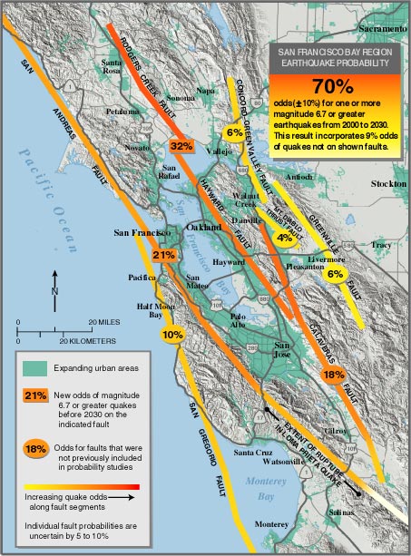 map showing earthquake probabilities for the next 30 years for the San Francisco Bay Area
