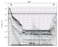 Figure 8.  Sidescan sonar image showing the steep, smooth  rock walls in the Narrows with the post-impoundment sediment lapping up against these cliffs. 