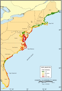 Figure 1.  Map of the Coastal Vulnerability Index (CVI) for the U.S. Atlantic coast. 