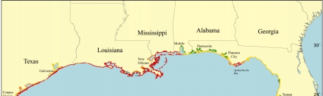 Figure 1. Map of the Coastal Vulnerability Index (C.V.I.) for the U.S. Gulf Coast 