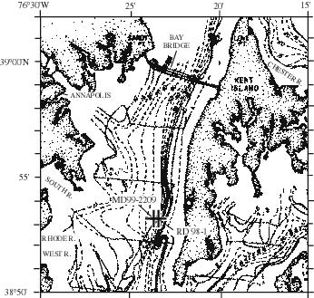 Figure 4.3. Depth to Cape Charles erosion surface, with conventions as in Figure 4.2.
