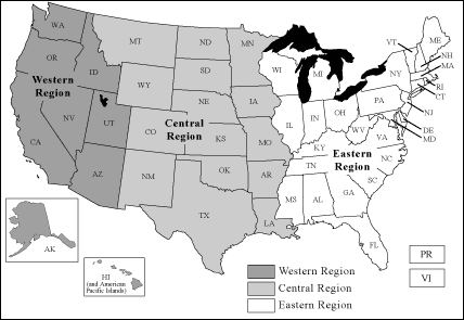 Map showing generalized areas covered by the three Geologic Names Committee offices