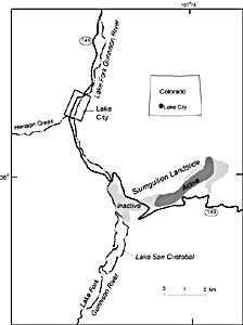 Figure 1. Location map showing the active and inactive parts of the Slumgullion landslide.