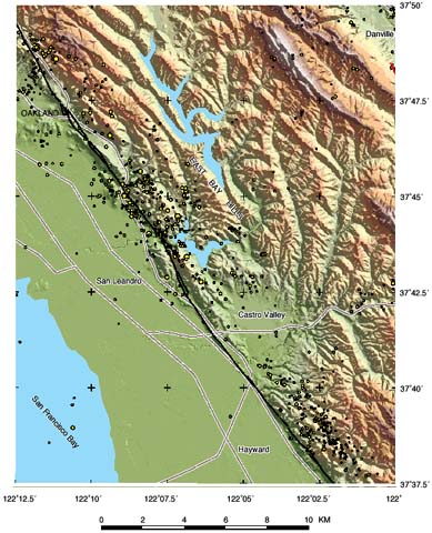 Shaded relief topographic map of the Hayward fault and vicinity showing seismicity (from Figure 1)