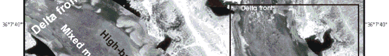 Figure 11.  Sidescan mosaic (top panel) showing the distribution of the three facies that occur beyond the delta front. 