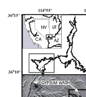 Figure 1. Maps showing location of Lake Mead in the southwestern United States, Boulder Basin at the western end of the lake, and the study area in the northwestern corner of Las Vegas Bay.