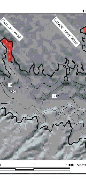Figure 7. Shaded-relief with 10-m contours generated from a digital elevation model (U.S.G.S., 1999) based on preimpoundment topography.