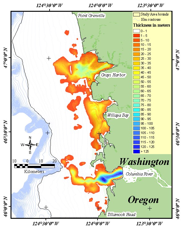 Figure 12. Map showing the distribution and thickness of bay and fluvial deposits within the Columbia River Littoral Cell, Paleo-valleys extend offshore from the Columbia River and Grays Harbor