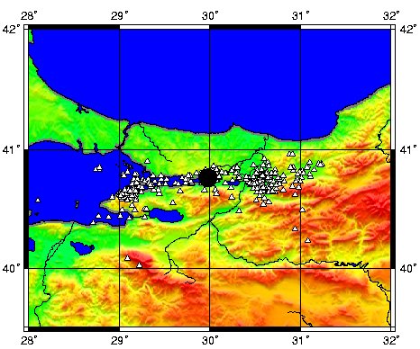 Map showing the main shock and aftershock locations
of the 1999 Izmit and Duzce, Turkey, earthquakes