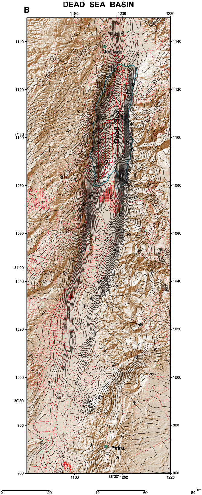Bouguer Gravity Anomaly Map Image of the Dead Sea Fault System, Jordan and Israel, Dead Sea Basin