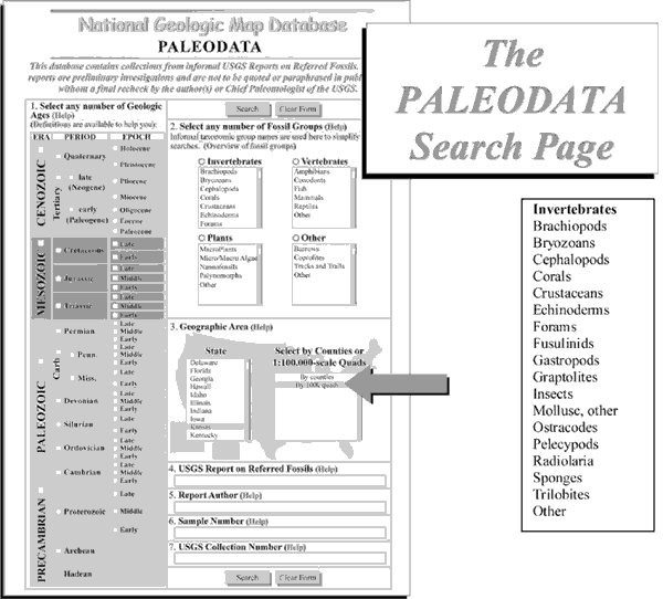 The Paleodata Search Page with Invertebrate category enlarged