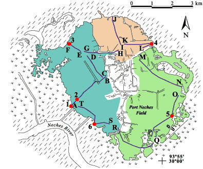 Locations of shallow cores (numbers) and sediment-surface profiles (letters) surveyed at the Port Neches Field. Also shown in color are the three areas used to calculate accommodation space created by subsidence and erosion.