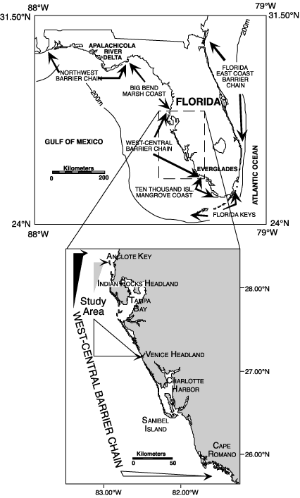 Various coastal sectors of Florida shown in upper map. Lower map shows location of the study area within the northern part of the west-central Florida barrier-island chain.