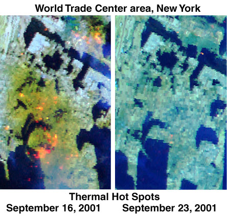 AVIRIS thermal hot spot images of the World Trade Center Site on Sept. 16 and 23, 2001