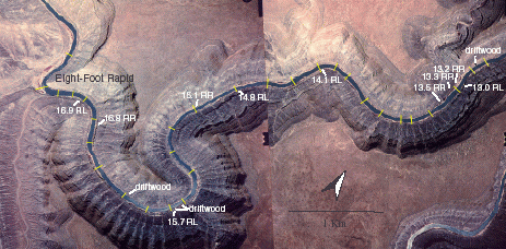 Aerial photographs of the study reach, including the location of the surveyed cross sections (yellow bars), Eight-Foot Rapid, and the location of prominent slackwater and driftwood deposits (white text). Flow is from right to left.