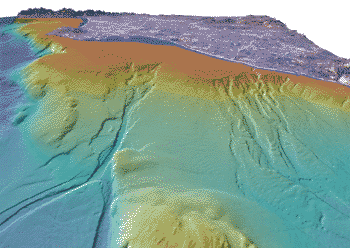 Perspective view of the Los Angeles Margin looking north over San Pedro Bay. The distance across the bottom of the image is about 17 km with a vertical exaggeration of 6x.