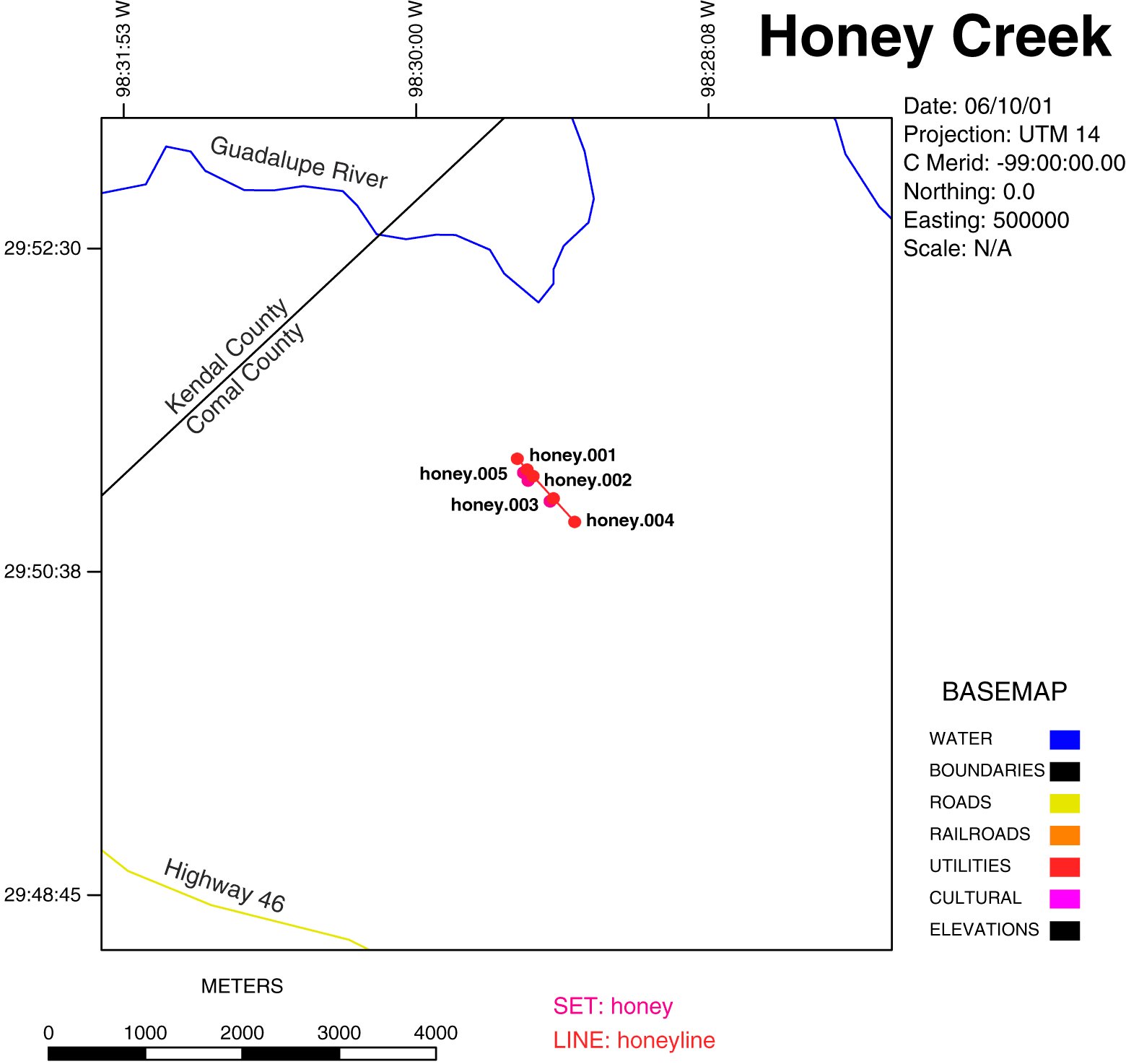 Index map to the Honey Creek, Texas Audio-magnetotelluric data set