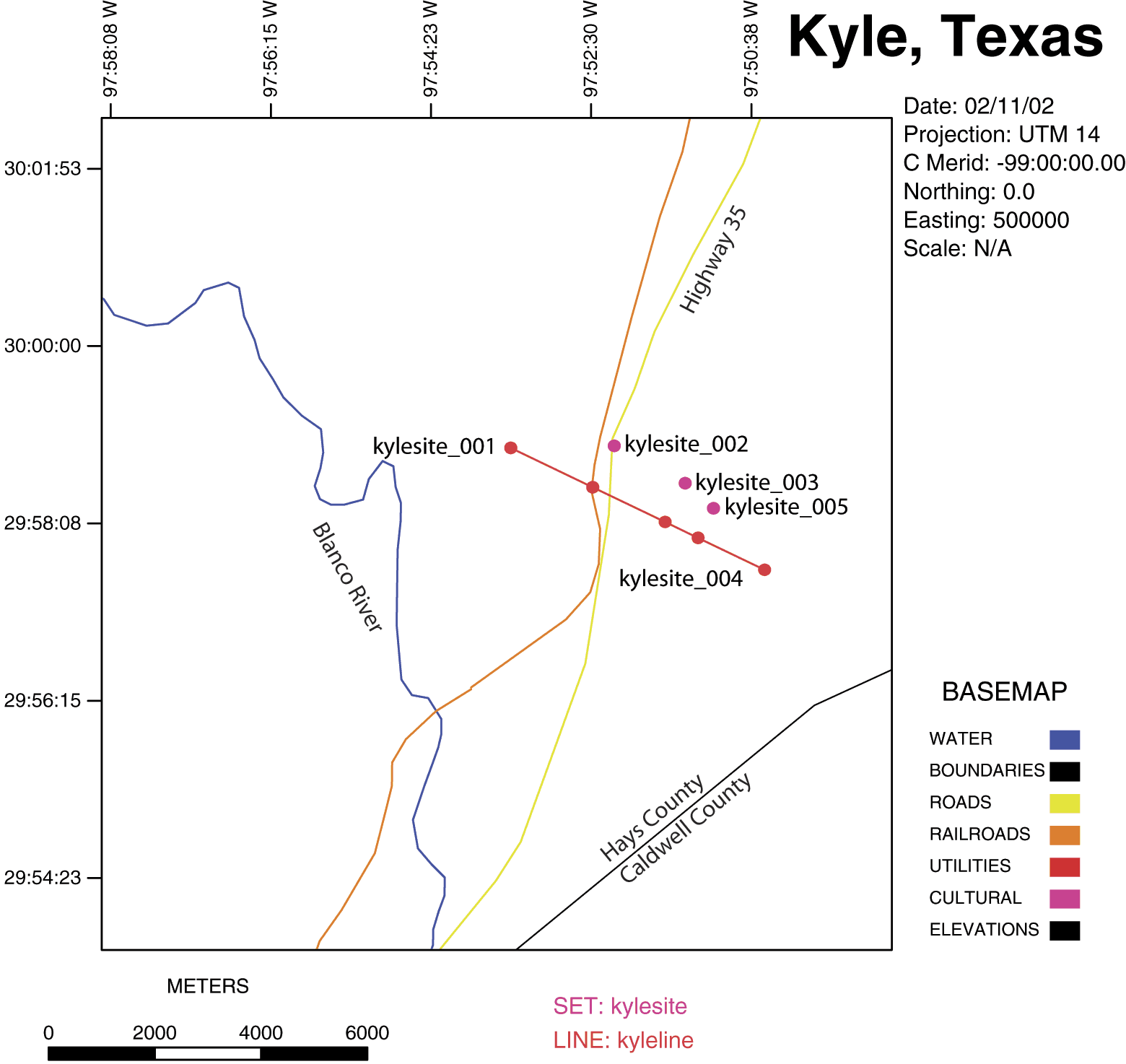 Index map to the Kyle, Texas Audio-magnetotelluric data set