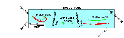 Map showing shoreline changes of the Southern Chandeleur Islands from 1869 to 1996.