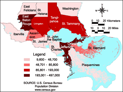 Map showing Lake Pontchartrain Basin Population 1999.