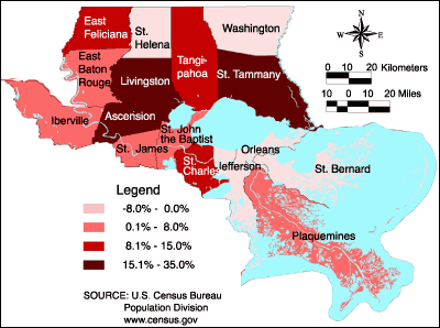 Map showing Lake Pontchartrain Basin % Population Change 1990 - 1999.
