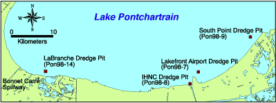 Map showing Lake Pontchartrain dredge pit locations.
