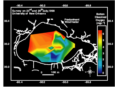 Contour map of bottom dissolved oxygen for Lake Pontchartrain.