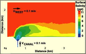 Preliminary hydrodynamic model output for plume behavior resulting from simulated canal discharge.